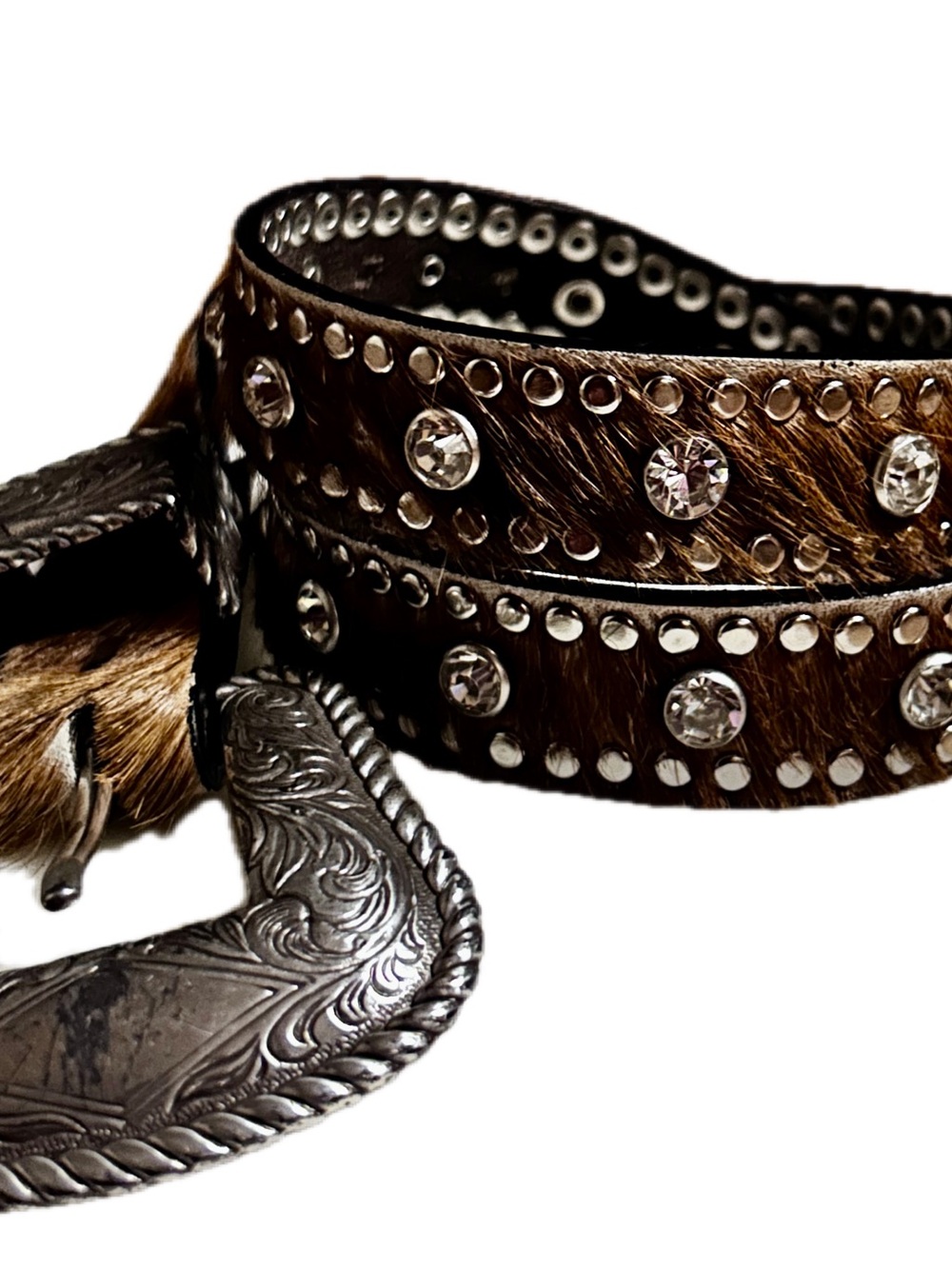 Nocona ~ Women’s Medium ~ Brown Leather Cowhide Hair On Silver Studded Belt